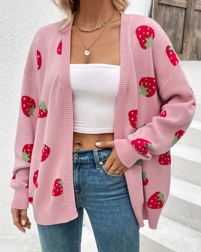 STELLA- OVERSIZED KNIT CARDIGAN WITH STRAWBERRY PRINT