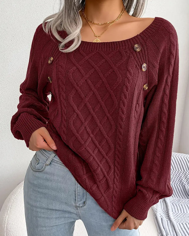 RUBY- CABLE KNIT SWEATER WITH BUTTON DETAIL AND WIDE NECKLINE