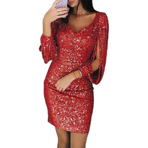 ANIKA - GLAMOROUS SEQUIN NIGHT DRESS WITH FRINGE SLEEVES