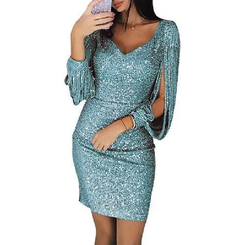 ANIKA - GLAMOROUS SEQUIN NIGHT DRESS WITH FRINGE SLEEVES