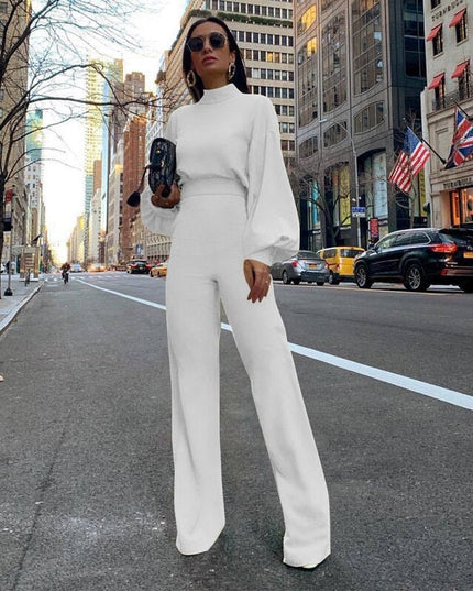 AMELIA - WHITE HIGH-NECK WIDE-LEG PUFF-SLEEVE JUMPSUIT FOR ELEGANT FORMAL & EVENING EVENTS